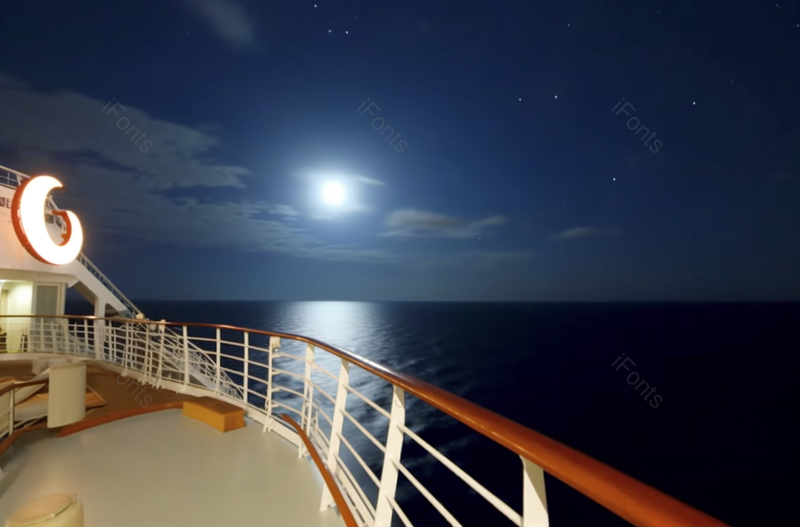 船甲板上的夜晚与月亮船舷板护栏海洋海面海平面无人场景,高清,摄影图,摄影图片,图片大全,摄影图免费下载